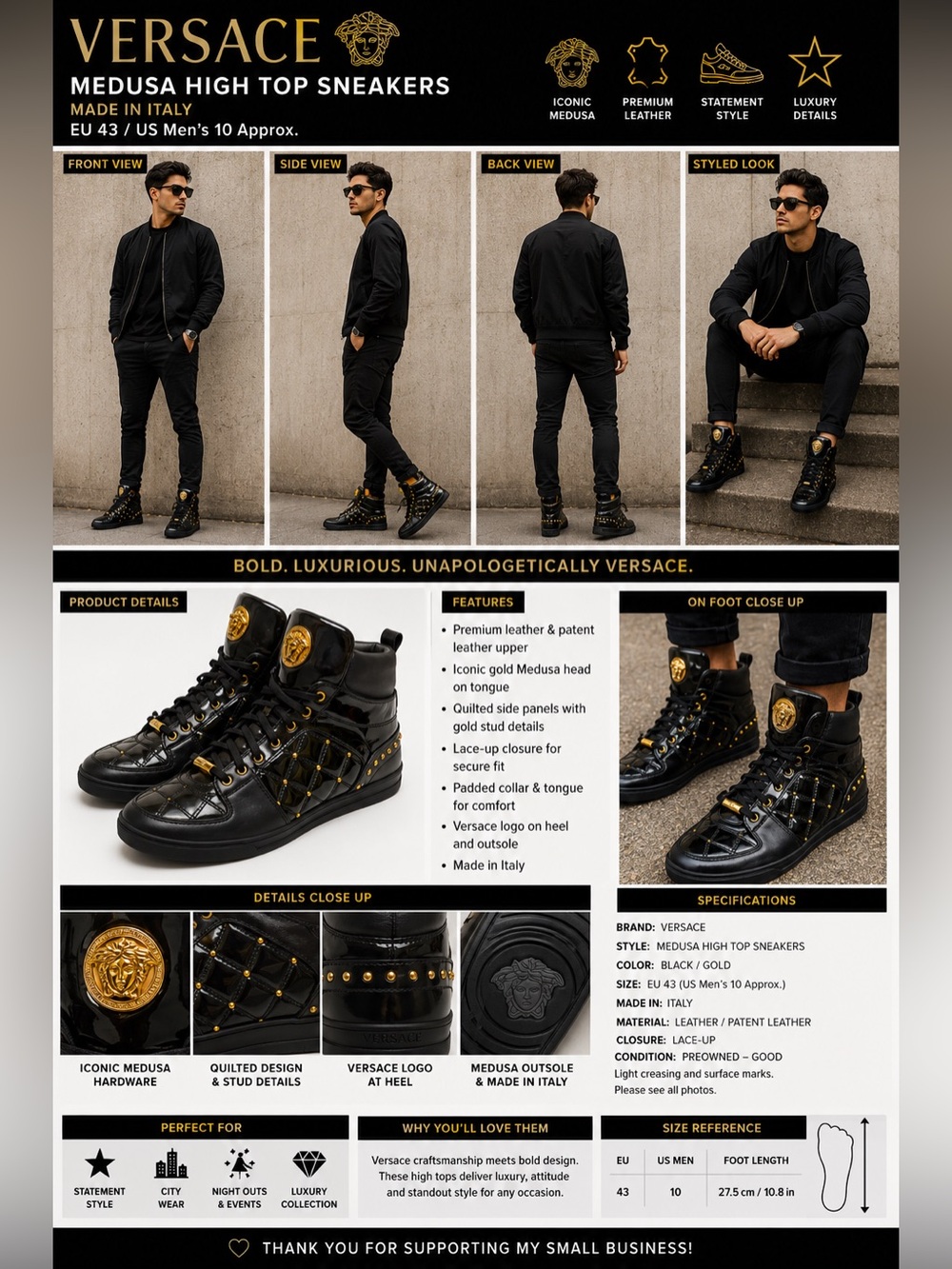 Versace Medusa Black Leather Patent High Top Sneakers Gold Studs Men’s EU 43